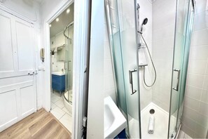 Hair dryer, towels, soap, toilet paper