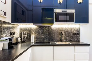 Apartment | Private kitchen | Fridge, microwave, stovetop, coffee/tea maker