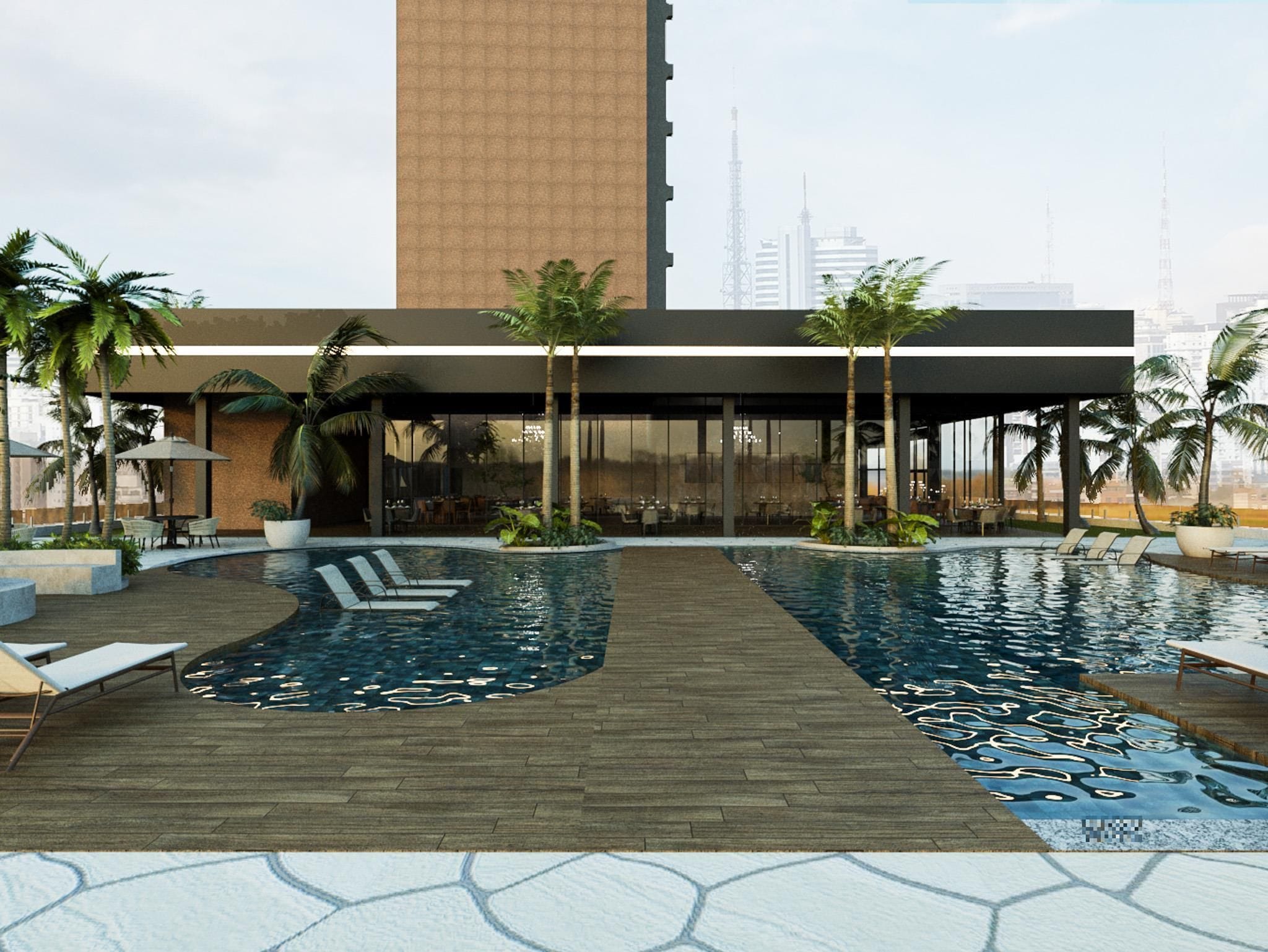 Un área de piscina en la azotea con sillones de descanso y palmeras.