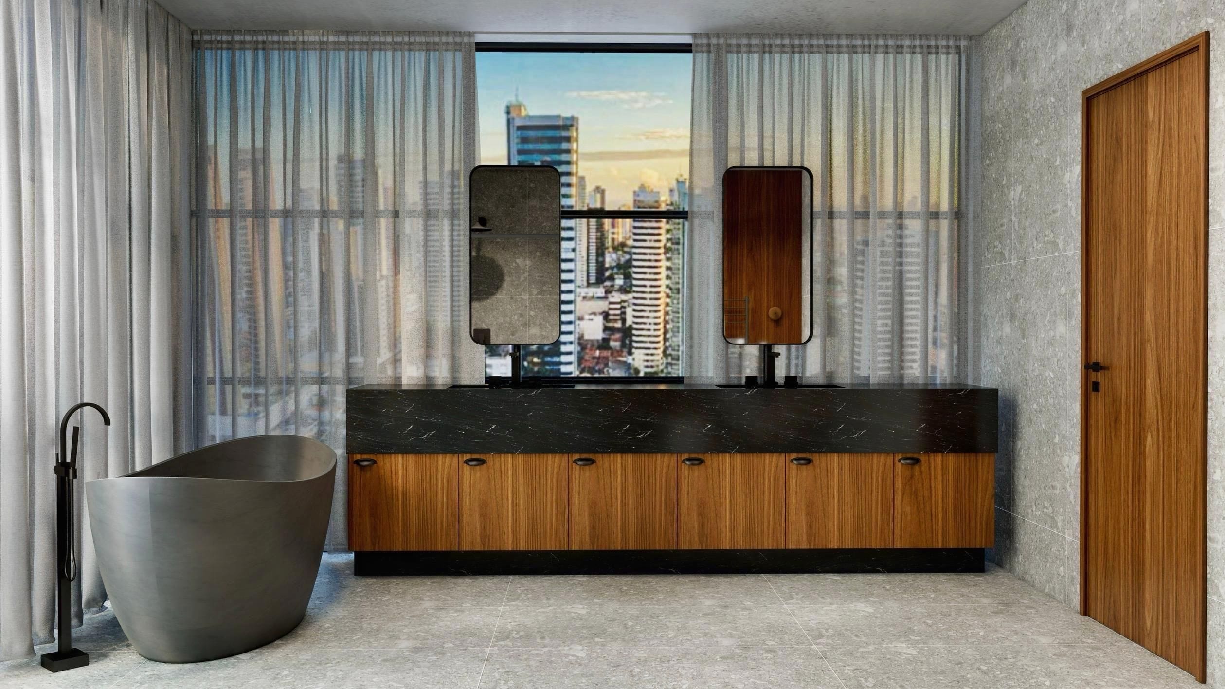 A modern bathroom with a large bathtub, a wooden vanity, and a city view through the window.