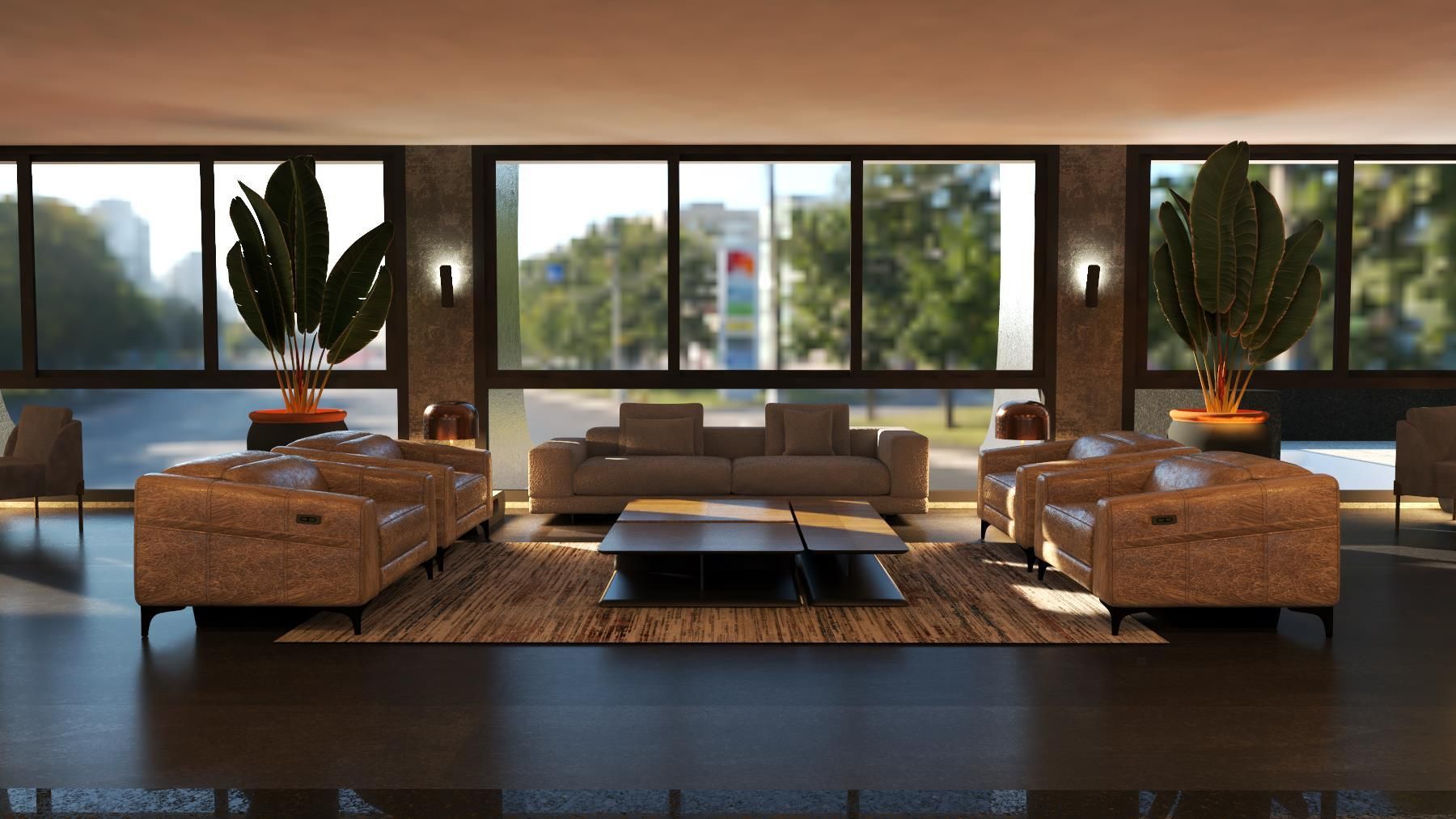 Sala moderna com um conjunto de sofás, uma mesa de centro e grandes janelas com vista para o exterior.