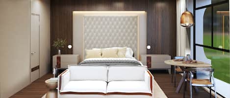 Minibar, värdeförvaringsskåp på rummet och arbetsyta för laptop