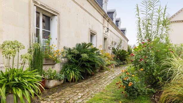 Un sentier pavé de pierres menant à un bâtiment à la façade en pierre, entouré de différents pots de plantes et de fleurs.