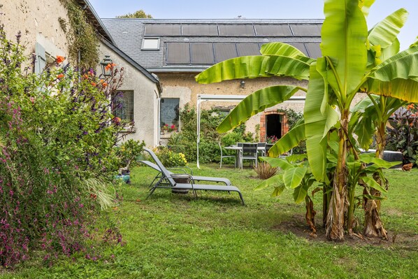 Une maison avec un jardin, un fauteuil de relaxation et un bananier.