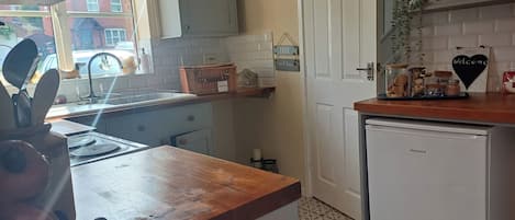 Fridge, microwave, oven, electric kettle