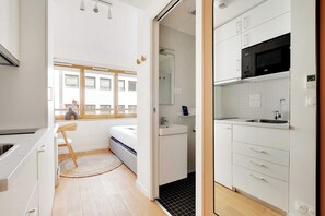 Apartment | Private kitchen | Fridge, microwave, stovetop, electric kettle