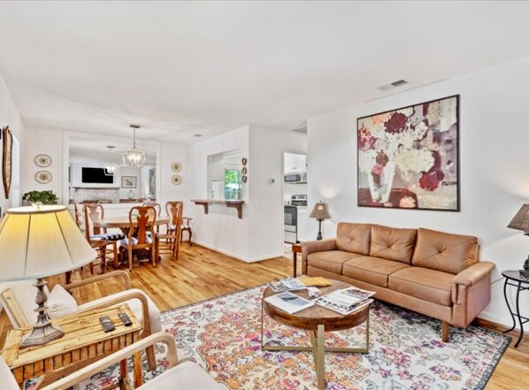 Smart TV, fireplace, books