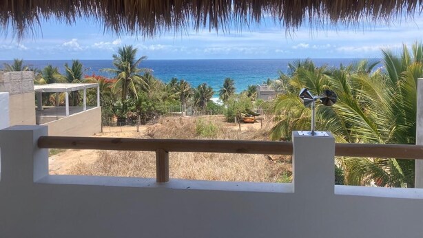 Une vue depuis un balcon doté d’un toit de chaume, donnant sur une plage bordée de palmiers et un océan d’un bleu limpide.