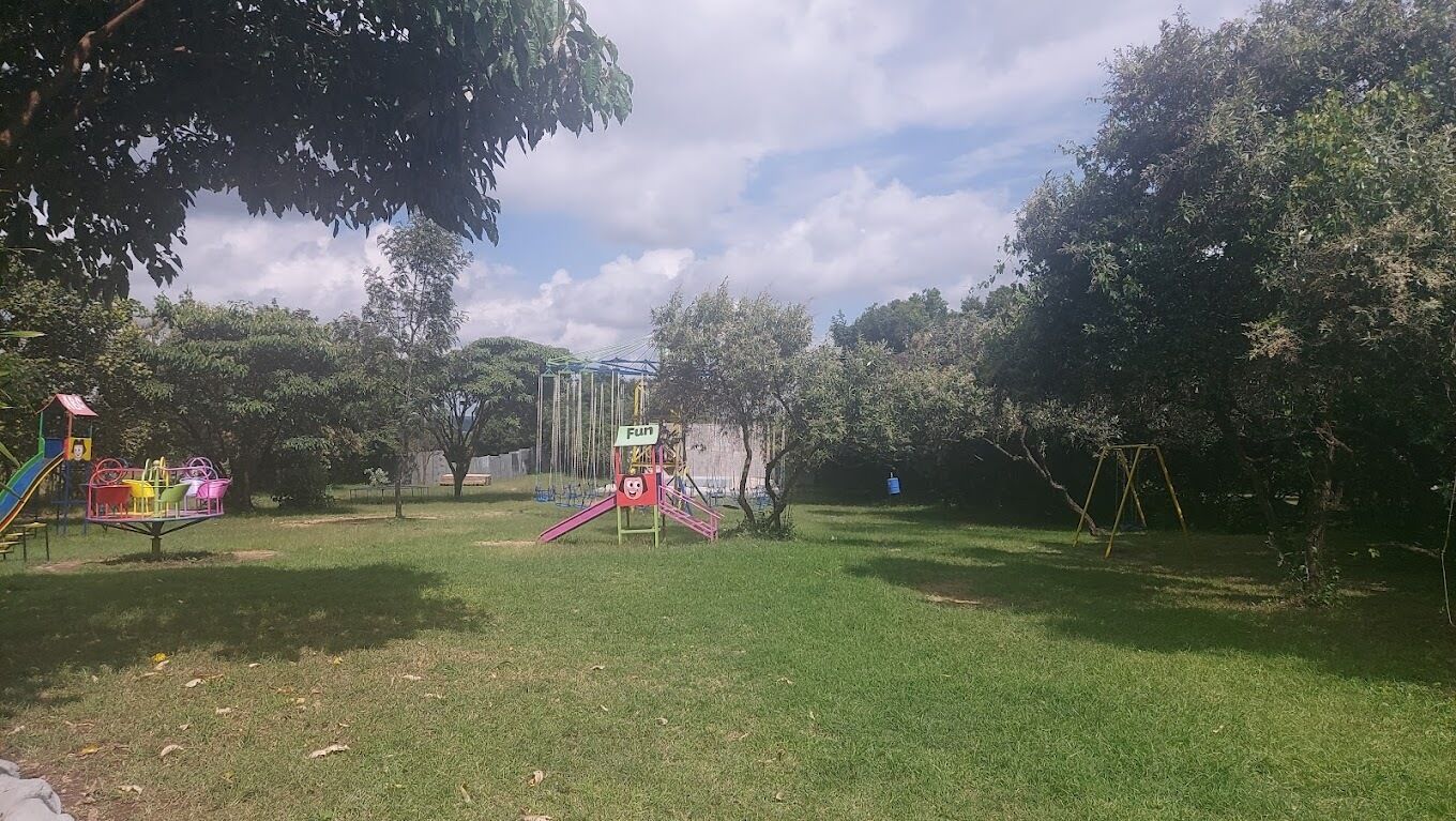 Un parque infantil con toboganes y columpios, rodeado de árboles y césped.