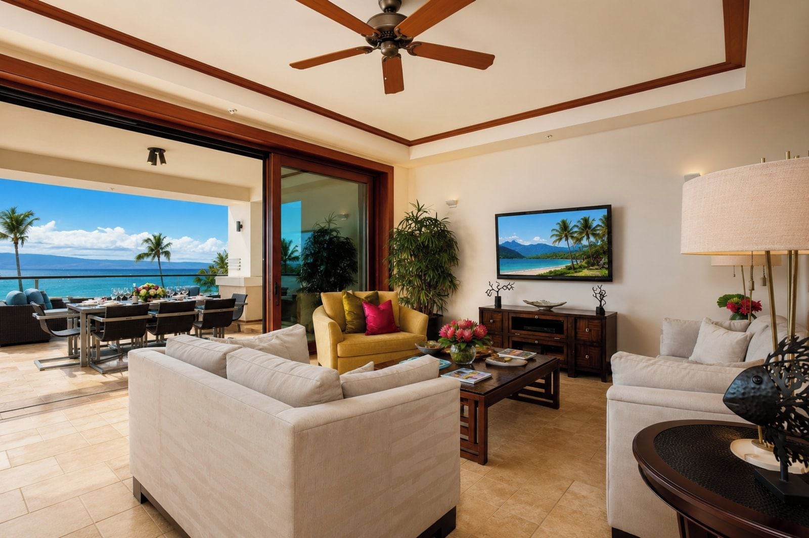 A spacious living area with a large sofa, a coffee table, and a television. There is a balcony with a view of the ocean and palm trees.
