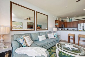 Comfortable open-plan living room with island touches NAP-B13 - Napili Point | Oceanfront 3 BR, Sleeps 10 | Car Incl. w/ 6+ Nights | NAP ML-1544 by KBM (Lahaina)