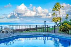 Une piscine avec vue sur l’océan et les palmiers.