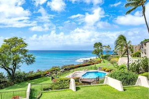 A pool with a view of the ocean, surrounded by greenery and palm trees.