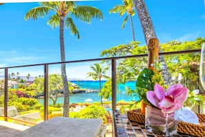 Un balcon avec vue sur une plage tropicale et l’océan.