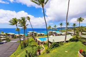 A resort with a pool, palm trees, and ocean views.
