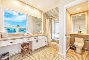 A bathroom with a shower, toilet, and a window with a view.