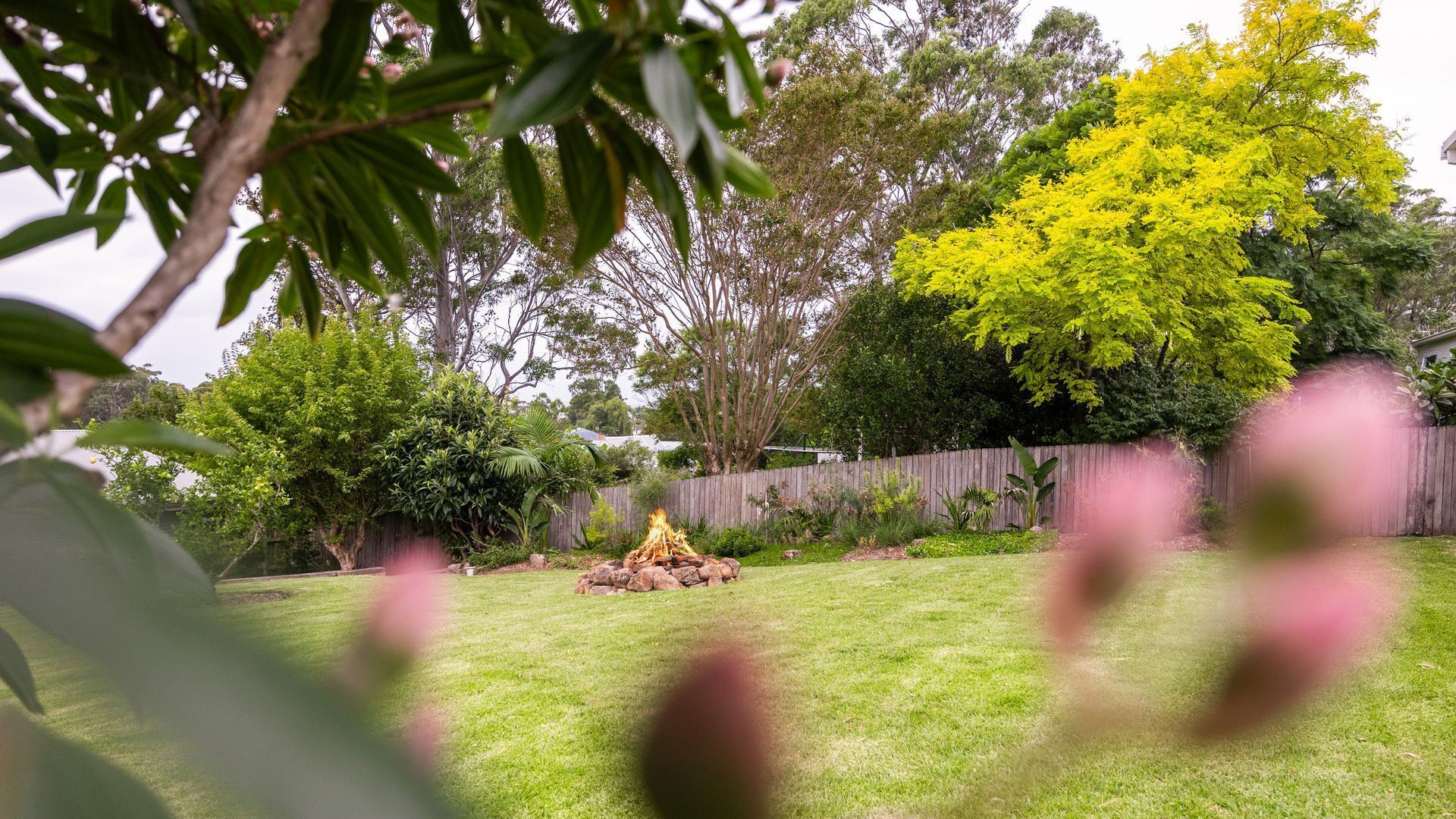 A backyard with a fire pit, a wooden fence, and various trees.