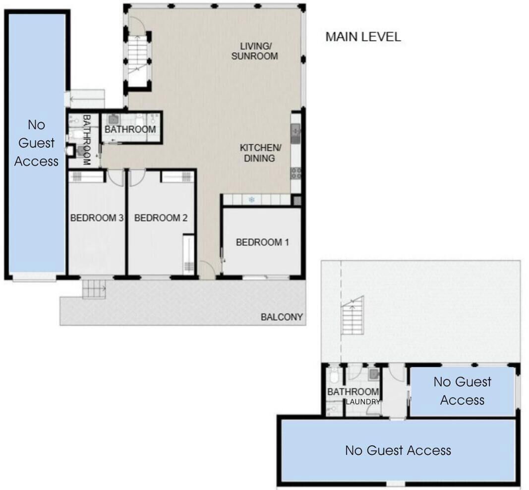 A hotel floor plan with a main level including a living/sunroom, kitchen/dining, three bedrooms, and a balcony.