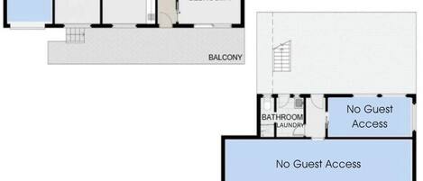 A hotel floor plan with a main level including a living/sunroom, kitchen/dining, three bedrooms, and a balcony.