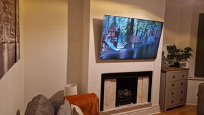 Un salon avec une cheminée, un téléviseur fixé au-dessus et un canapé.