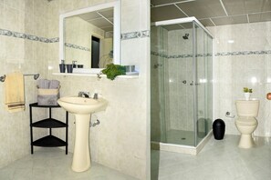 Shower, hair dryer, towels, soap
