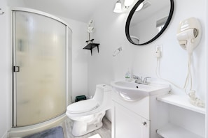 A modern bathroom with a glass shower enclosure, a white toilet, a sink with a mirror, and a hairdryer mounted on the wall.