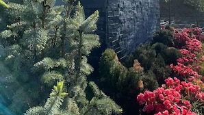 Un letrero de Fallsview Townhouse con un muro de piedra y flores rojas.