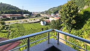 Varanda com grade de metal com vista para uma paisagem verde com edifícios e céu claro.