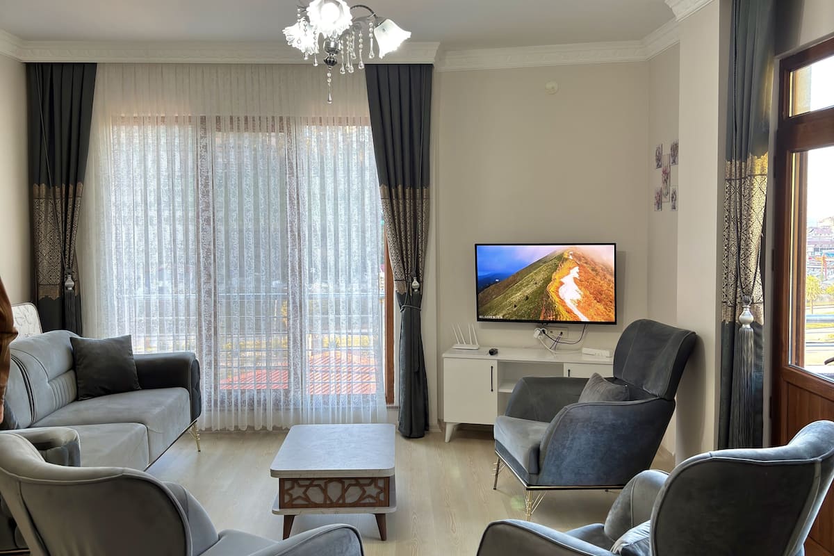 A modern living room with a sofa, chairs, a coffee table, and a TV displaying a scenic landscape.