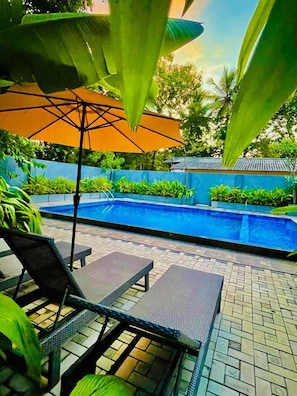Outdoor pool, pool umbrellas