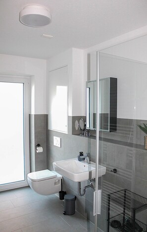 Douche, séchoir à cheveux, serviettes fournies, papier de toilette