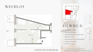 A floor plan of a 3-bedroom apartment with a terrace, TV, kitchen, and bathroom.