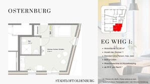 A floor plan of a hotel room in Osternburg, including a bathroom, living area, and garden. - Osternburg (Oldenburg)