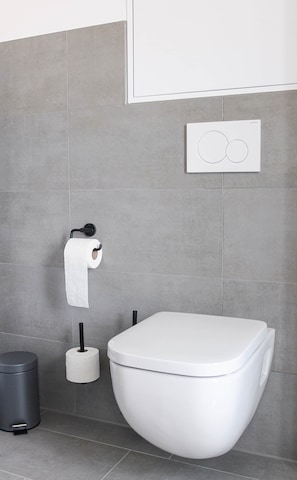 Dusche, Haartrockner, Handtücher, Toilettenpapier
