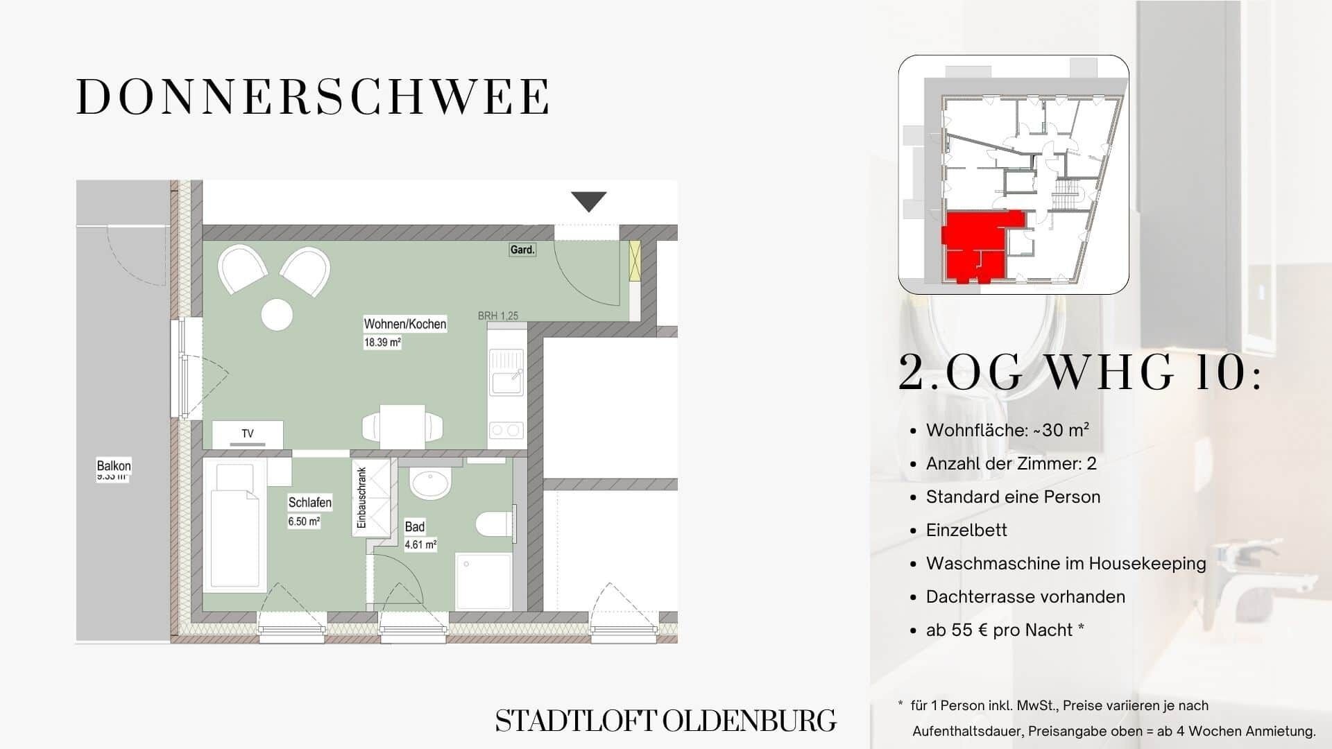 A floor plan of a 2.0G WHG 10 apartment with 18.39 m² living space, 2 bedrooms, a balcony, and a garden.