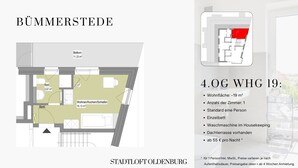 A floor plan of a 4.0G WHG 19 apartment in Bummerstede, Stadtloft Oldenburg, featuring 19 m² of living space, one bedroom, a kitchen, a bathroom, and a balcony. - Bümmerstede (Oldenburg)