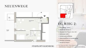 Plano de planta de una habitación de hotel con terraza, televisión, baño y jardín.