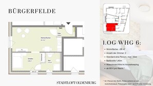 A floor plan of a 1.0G WHG 6 apartment in BÜRGERFELDE, including living, kitchen, bathroom, and balcony areas.