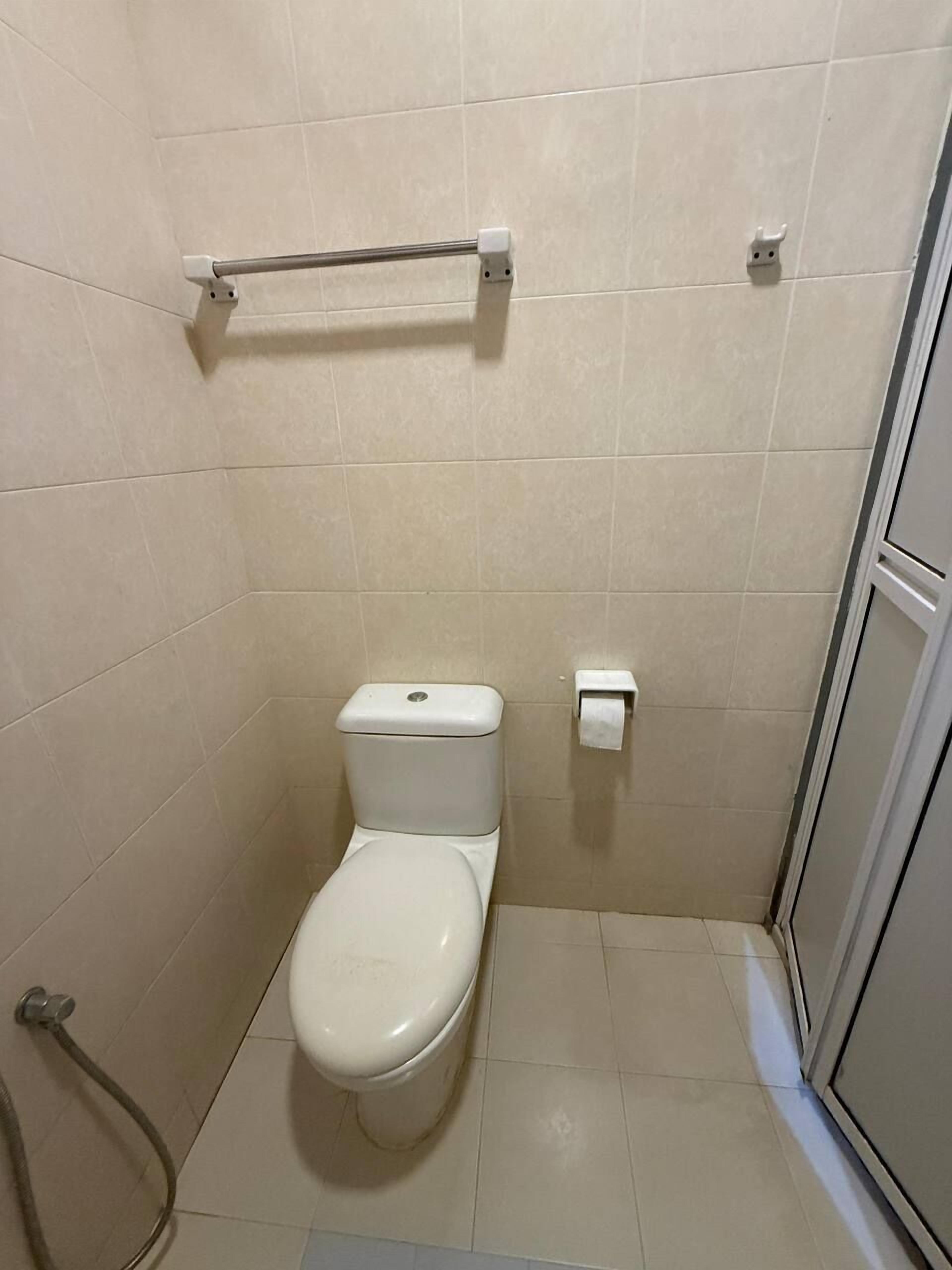 A small, tiled bathroom with a toilet, a handrail, and a shower hose.