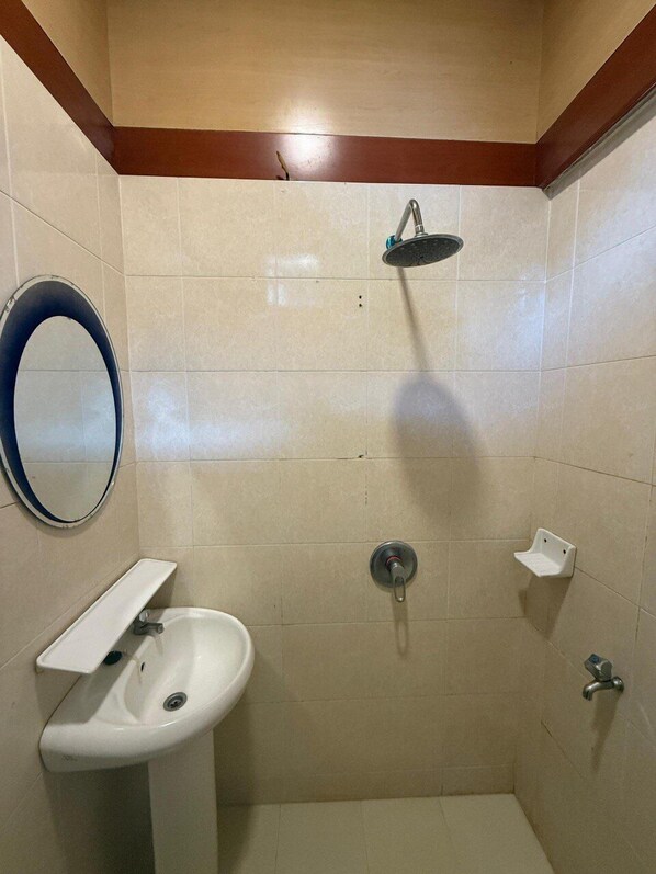 Un baño pequeño con lavamanos, espejo, ducha y toallero.