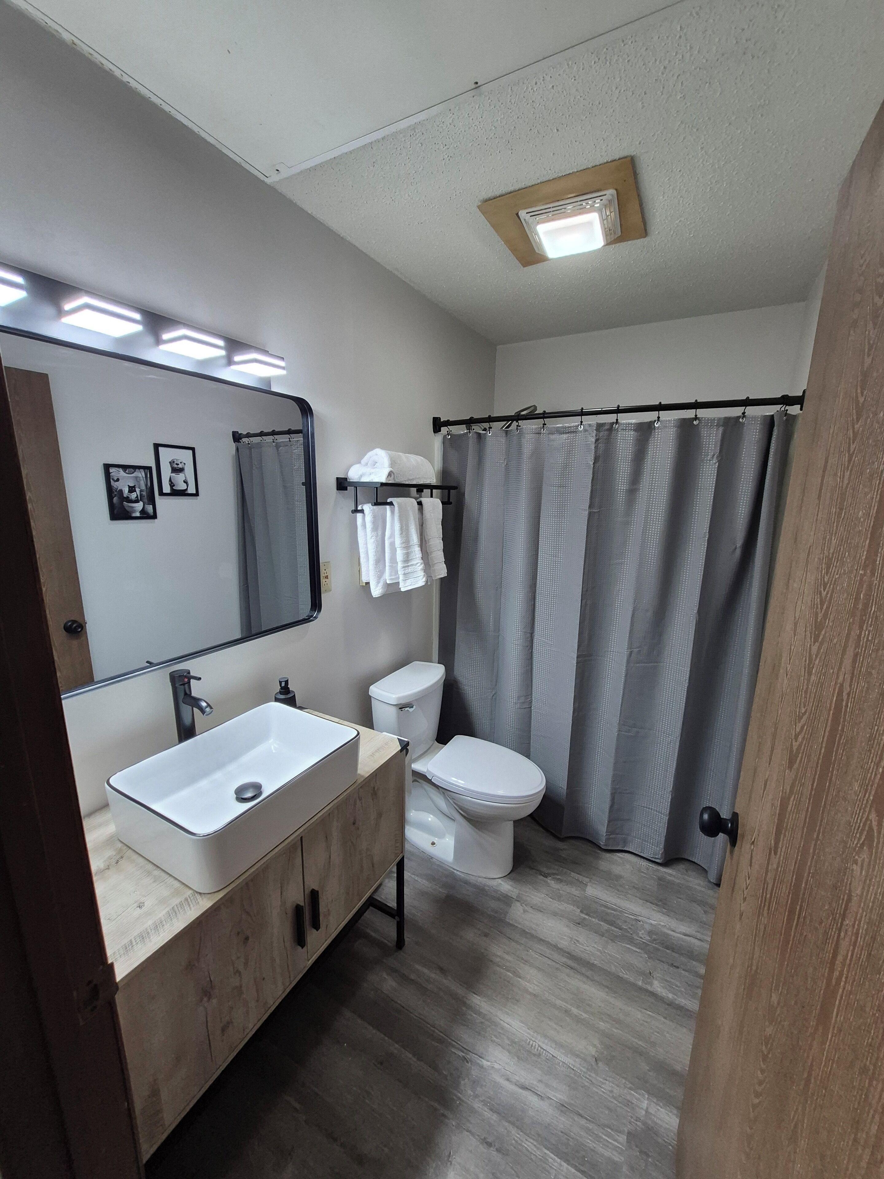 Shower, towels, soap, toilet paper