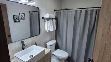 Regadera, toallas, jabón, papel de baño