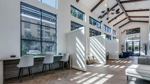 A spacious, well-lit interior with large windows, a herringbone wood floor, and modern furniture. - Charming & Cozy 1BR/1BA/2BEDS. Pool/Gym/Shops (Frisco)