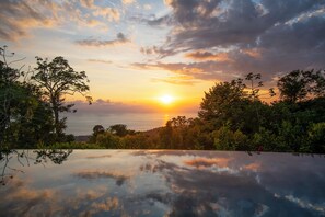 Un coucher de soleil sur une étendue d’eau, avec des arbres au premier plan et un ciel dégagé.
