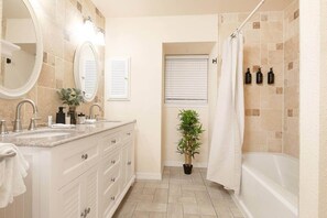 Hair dryer, towels, soap, shampoo