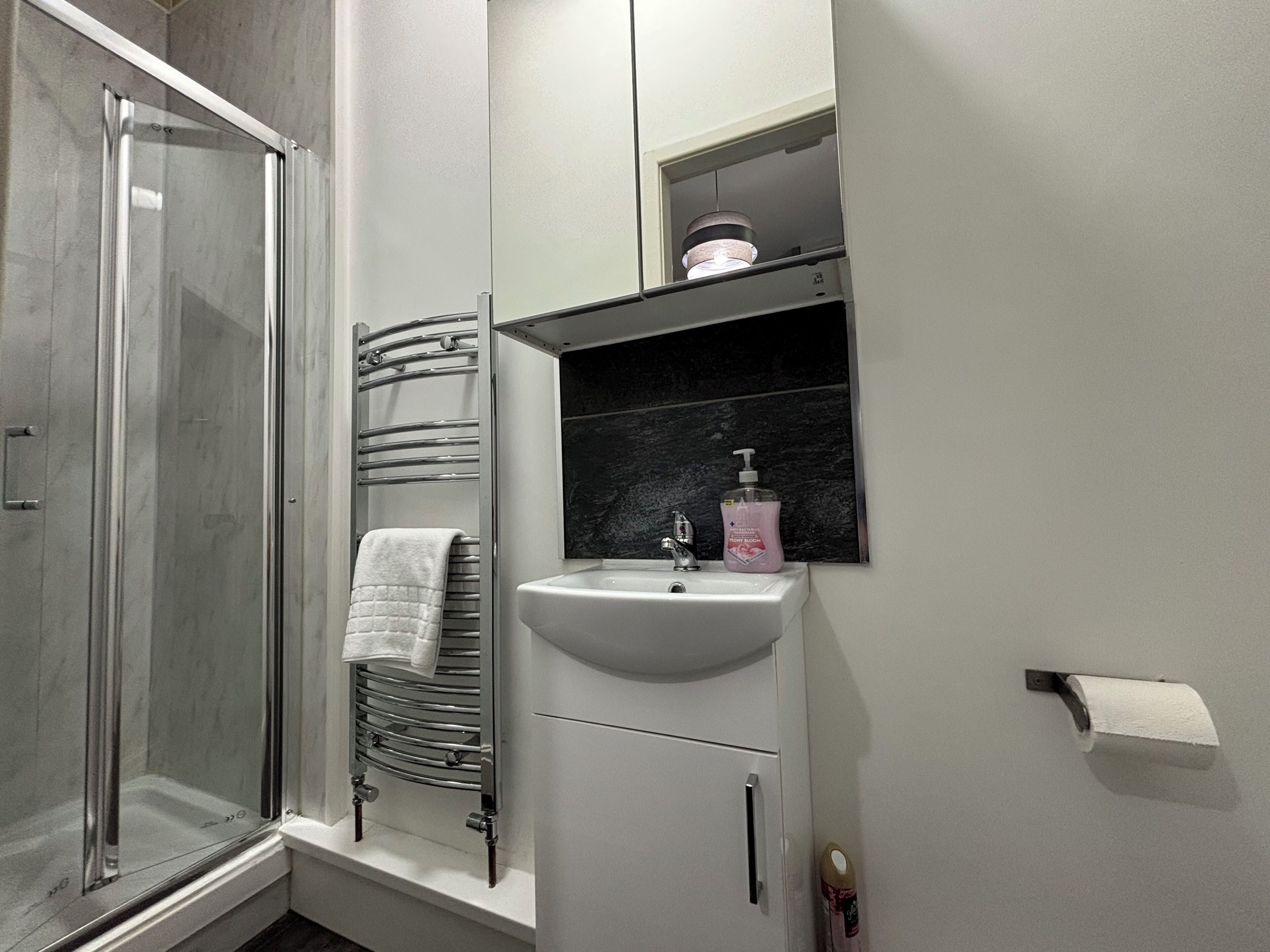 Un baño con cabina de ducha de vidrio, un lavamanos blanco con encimera de mármol, un perchero y un dispensador de jabón.
