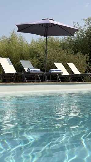 Seasonal outdoor pool, pool umbrellas, sun loungers