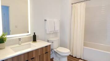 Hair dryer, towels, soap, toilet paper