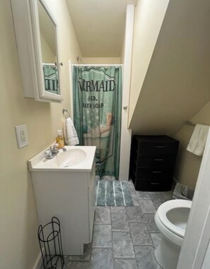 Dusch, handdukar, tvål och toalettpapper