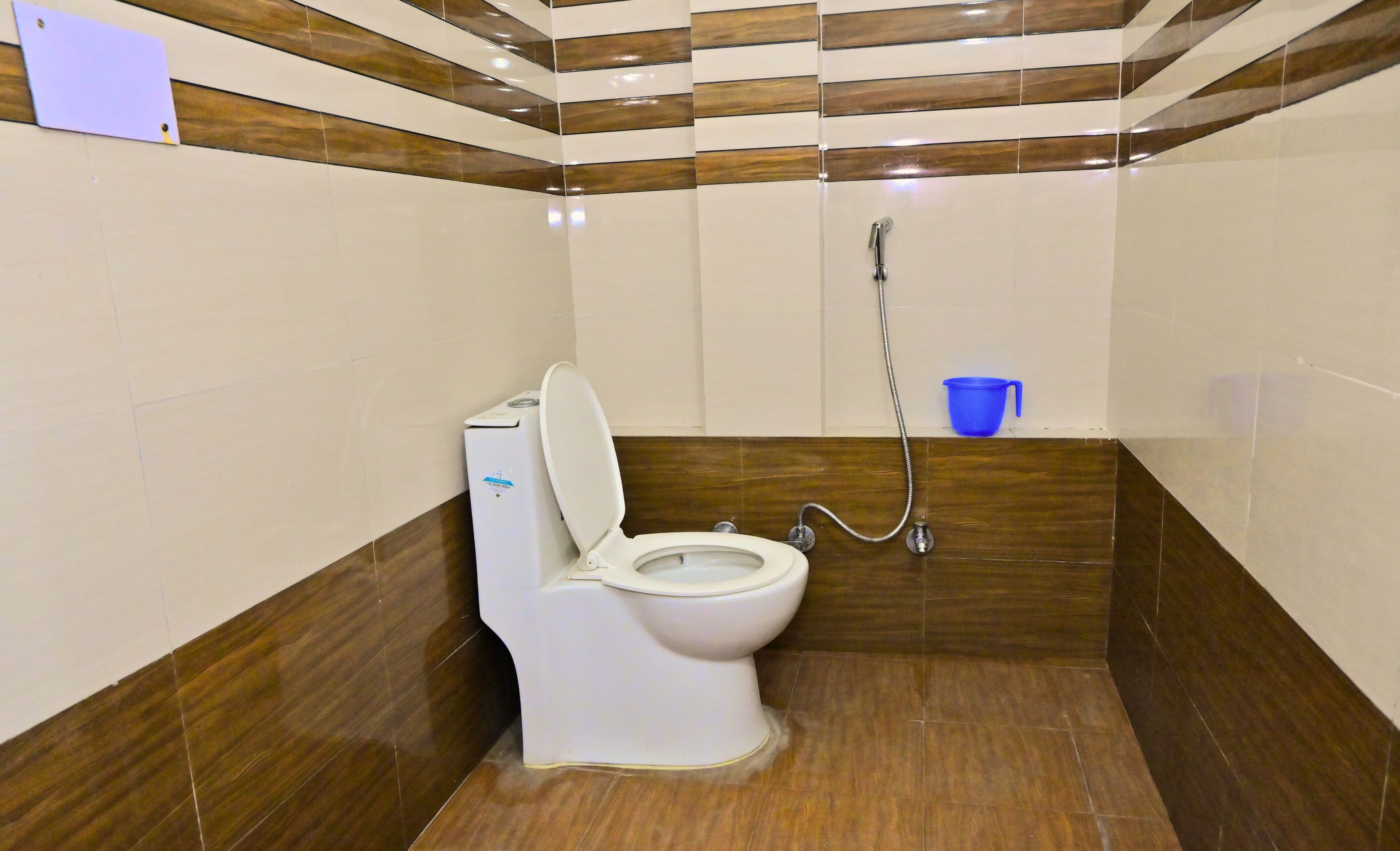 A small bathroom with a toilet, a shower, and a blue basin.